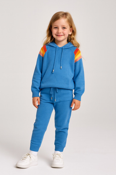 Minora Knitwear Unisex Hooded Stripe Detailed Set Blue