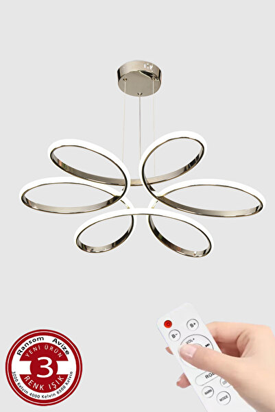 RANSOM 3 Renk Kumandalı Büyük Salon & Oda Avizesi Topsuz Papatya Krom Ledli Avize