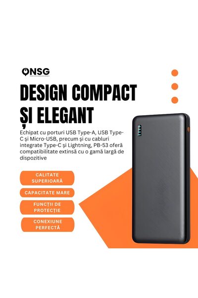 ONSG Powerbank 10000mAh Sunix PB-53, Fast Charging 22.5W, USB-C Lightning și Port USB-A, Black