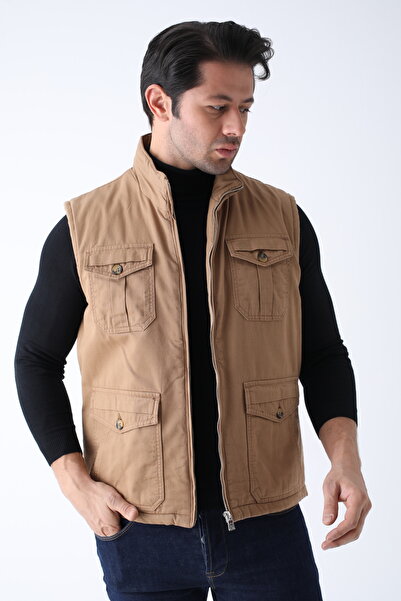 Cordial Men's Winter Vest Beige Cotton Quilted Four Pockets