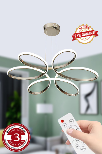 RANSOM 3 Renk Kumandalı Büyük Salon & Oda Avizesi Topsuz Papatya Krom Ledli Avize