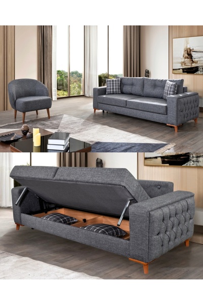 Velura Home & Living Nola Koltuk Takımı 3 1 & Bazalı Yataklı Koltuk & Kanepe - Antrasit Keten Kumaş