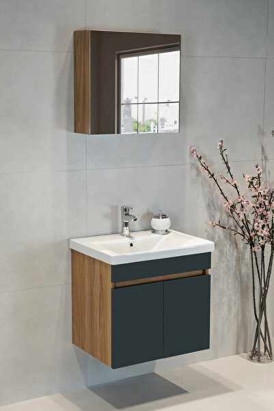 viesta banyo Star Banyo Dolabı Seti ( 60 Cm Egzotik Meşe & Koyu Gri Aynalı Lavabolu Mdf )