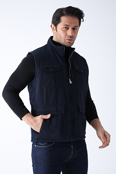 Cordial Men's Winter Vest Navy Blue Cotton Quilted Four Pockets