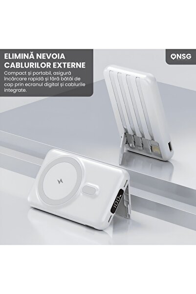 Sunix 10000mAh Powerbank with MagSafe, 4in1 Integrated Cables and Wireless Charging, White