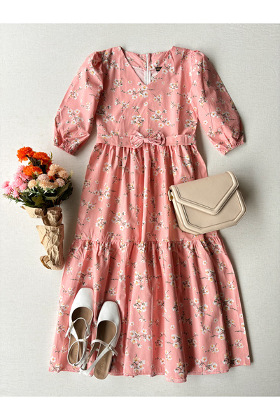 KÜÇÜĞÜM BUTİK Γυναικείο φόρεμα από ποπλίνα με διπλωμένο γιακά V με ανοιξιάτικο κλαδί