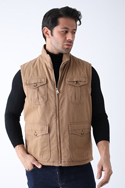 Cordial Men's Winter Vest Beige Cotton Quilted Four Pockets