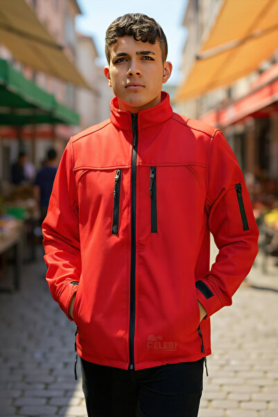 çelebi workwear Dik Yaka Su ve Rüzgar Geçirmez Kırmızı Softshell Mont