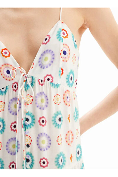Desigual Kare Yaka Desenli Beyaz Uzun Kadın Elbise 24SWVW06