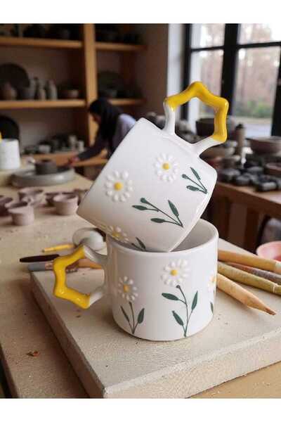 Simge Seramik Set of 2 Handcrafted Daisy Garden Embroidered Natural Ceramic Mug Mug Tea / Cappuccino Cup