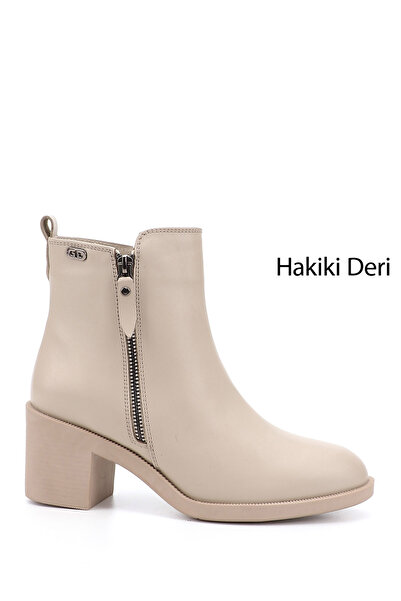 GÖNDERİ(R) Women/Girls Beige Zippered Thick Heeled Genuine Leather Boots