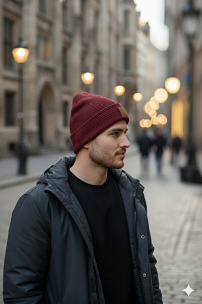 nettofit Men's Winter Leather Label Detailed Burgundy Wool Beret