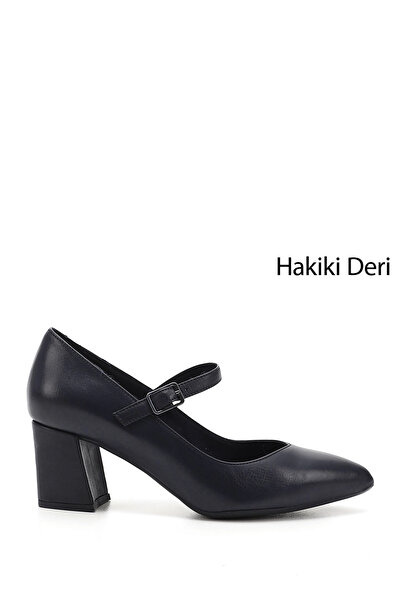 GÖNDERİ(R) Women / Girls Navy Blue Antique Pointed Toe Heeled Mary Jane Genuine Leather Shoes