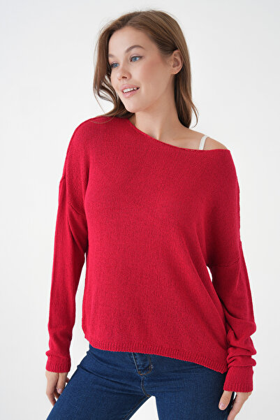WOMAN VISION Crew Neck Oversize Red Basic Knit Sweater 6933