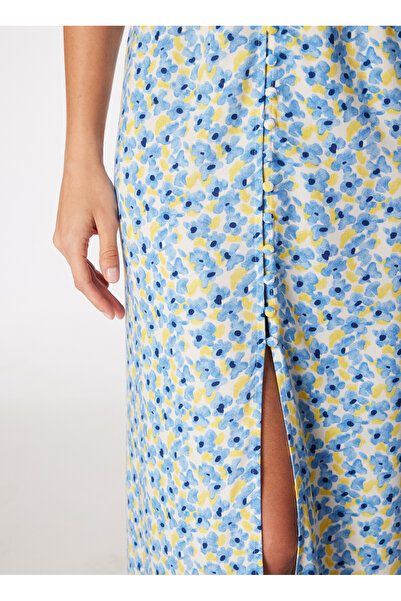 People By Fabrika V Yaka Desenli Sarı - Mavi Midi Kadın Elbise SPBF4SL-ELB5509