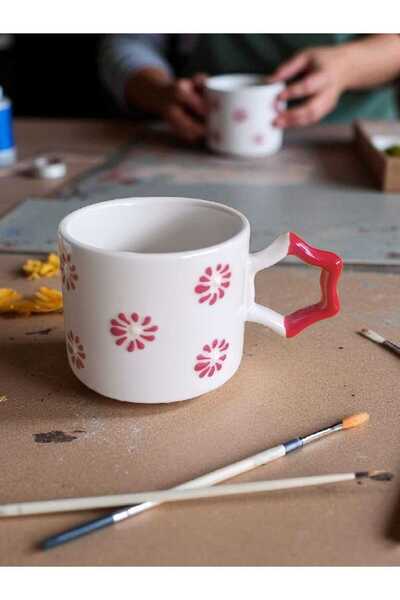 Simge Seramik Handcrafted Red Flowers Embroidered Natural Ceramic Mug Mug Tea / Cappuccino Cup