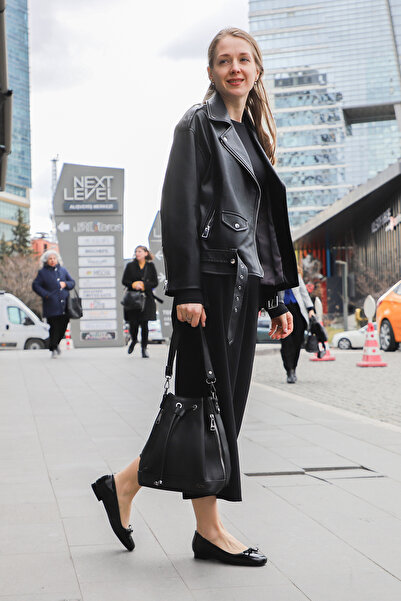 GÖNDERİ(R) Women / Girls Black Patent Leather Bow Genuine Leather Ballerinas