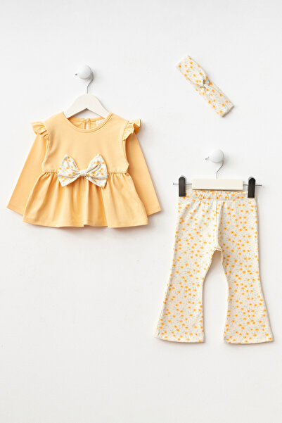 Minipodyum Baby Girl Bottom Top Set with Bow Detail Bandana and Floral Printed Leggings