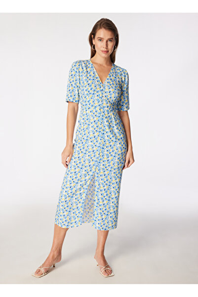 People By Fabrika V Yaka Desenli Sarı - Mavi Midi Kadın Elbise SPBF4SL-ELB5509