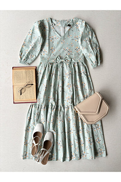 KÜÇÜĞÜM BUTİK Γυναικείο φόρεμα ποπλίνας με στρώσεις με κολάρο V, Water Green Branch