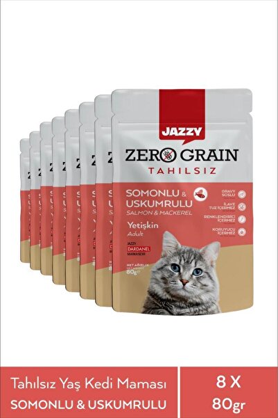 JAZZY Jazyy Zero Grain Kedi Maması Uskumru&Somon Poşet 80 gr x 8 Adet