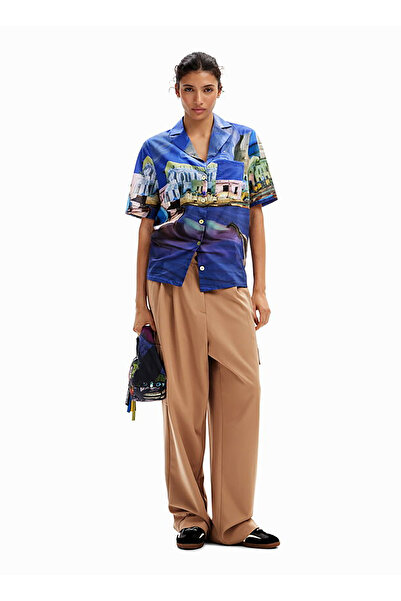 Desigual Standart Gömlek Yaka Desenli Mavi Kadın Gömlek 24SWCW38