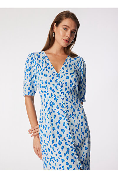 People By Fabrika V Yaka Desenli Mavi Midi Kadın Elbise SPBF4SL-ELB5508