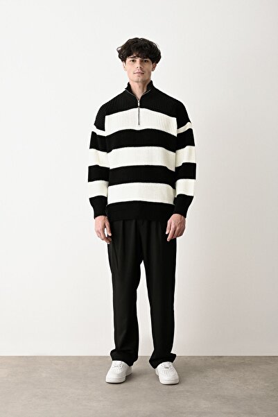 İLKCET MODA Pulover tricotat unisex - guler cu fermoar, dungi groase