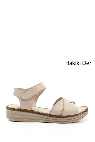 GÖNDERİ(R) Women / Girls Beige Velcro Strap Wedge Heel Genuine Leather Comfort Sandals