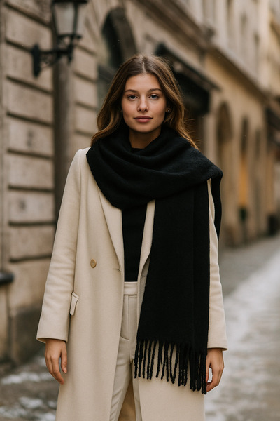 Luminos Butik Black Thick Tassel Shawl – Soft and Wide Structure, Ideal for Cold Weather Sal1257