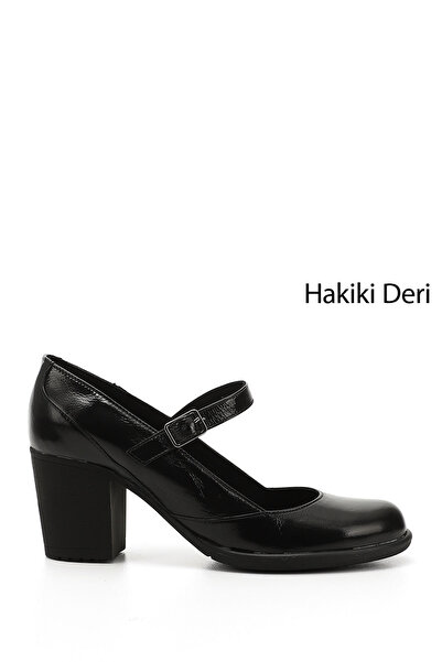 GÖNDERİ(R) Women/Girls Black Patent Leather Blunt Toe Medium Thick Heeled Genuine Leather Shoes
