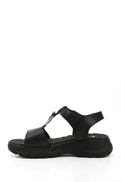 GÖNDERİ(R) Women's Black Velcro Strap Wedge Heel Buckle Detailed Comfort Sandals