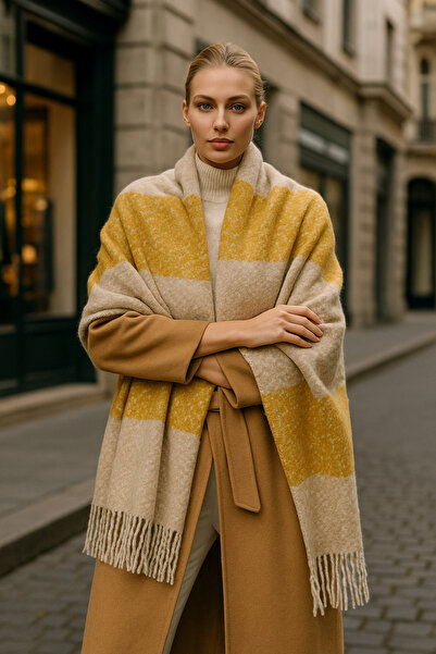 Luminos Butik Plaid Patterned Tasseled Soft Scarf - Warm, Saffron, Beige and Mink Colors Sal1284