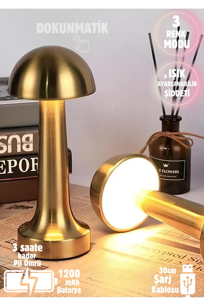 Folveit Lizbon 3 Işık Renkli Şarjlı Dim Edilebilir Metal Masa Lambası Ct-8429 Gold