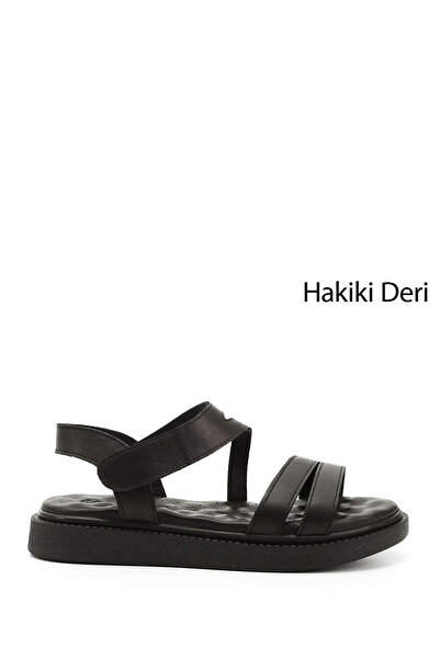 GÖNDERİ(R) Women's Black Velcro Strap Wedge Sole Genuine Leather Comfort Sandals