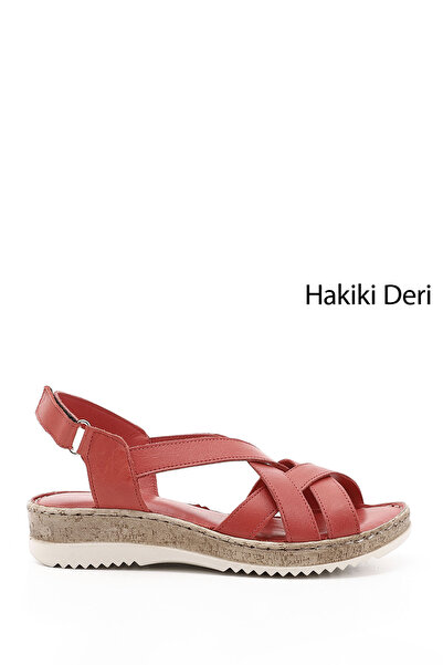 GÖNDERİ(R) Sandale de damă roșii antice cu velcro cu toc pană din piele naturală