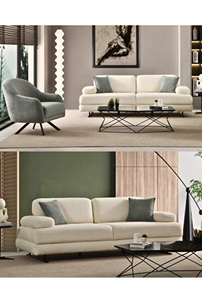 Velura Home & Living Neon Sırt Mekanizmalı Üç Adet Üçlü Kanepe & Bazalı 3'lü Koltuk (3+3+3) - Krem