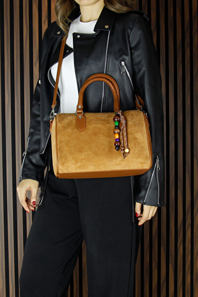 Erkan Saçmacı Tan Genuine Cowhide Suede Daily Large Size Shoulder Bag with Zippered Inner Pocket and Hanging Bead Accessories