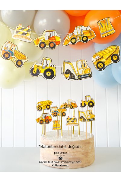 partince 3 Parça İnşaat Tema Pasta Süsü Cake Topper Banner Ve 6'lı Metalik Go...