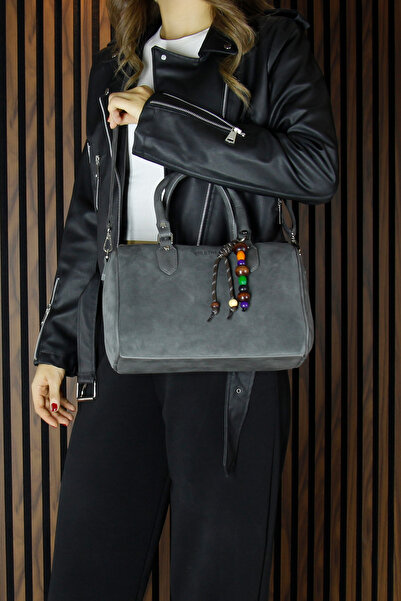 Erkan Saçmacı Gray Genuine Cowhide Suede Daily Large Size Shoulder Bag with Zippered Inner Pocket and Hanging Bead Accessories