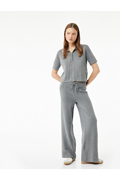 Koton Viskon Karışımlı Yüksek Bel Bağcıklı Geniş Paça Triko Pantolon