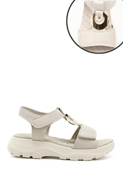 GÖNDERİ(R) Women / Girls Beige Velcro Strap Wedge Heel Buckle Detailed Comfort Sandals