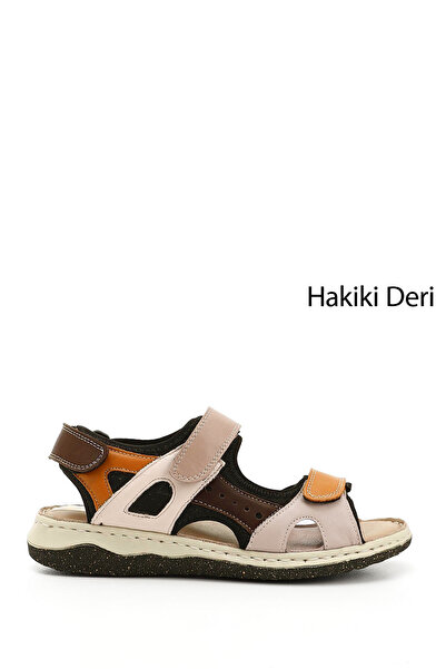 GÖNDERİ(R) Women's Tabaya Mink Velcro Strap Wedge Heel Genuine Leather Comfort Sandals