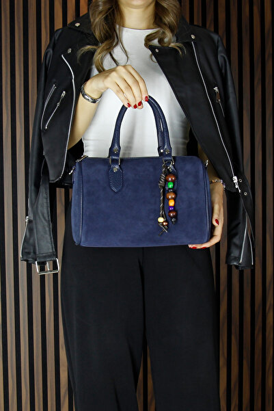 Erkan Saçmacı Navy Blue Genuine Cowhide Suede Daily Large Size Shoulder Bag with Zippered Inner Pocket and Beaded Accessories