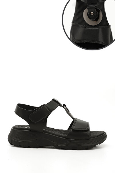 GÖNDERİ(R) Women's Black Velcro Strap Wedge Heel Buckle Detailed Comfort Sandals