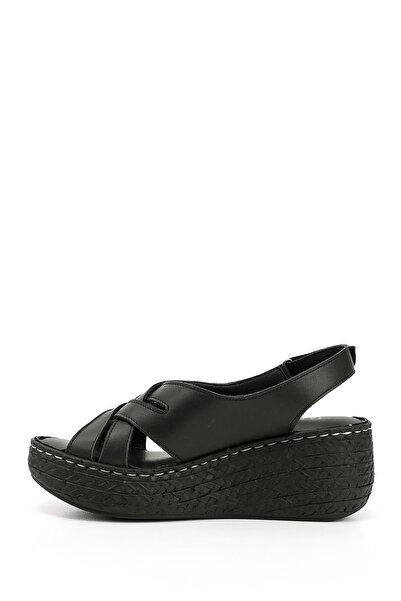 GÖNDERİ(R) Women's Black Velcro Strap Genuine Leather Wedge Sandals