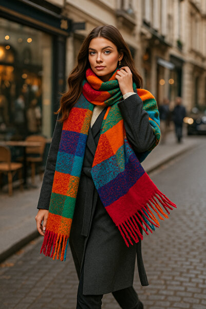 Luminos Butik Orange Square Patterned Tasseled Thick Warm Stylish Winter Scarf Sal1292