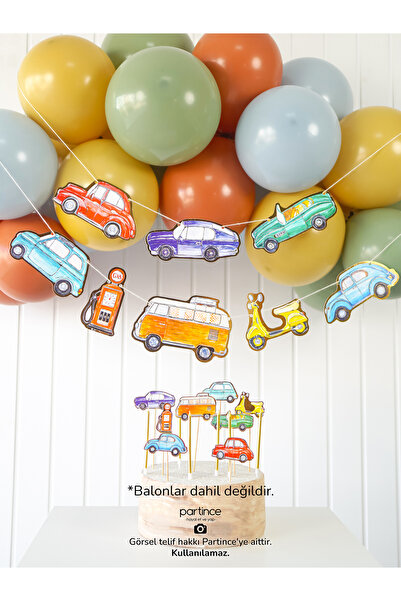 partince Klasik Arabalar Tema Pasta Süsü Cake Topper Banner Ve 6'lı Metalik G...