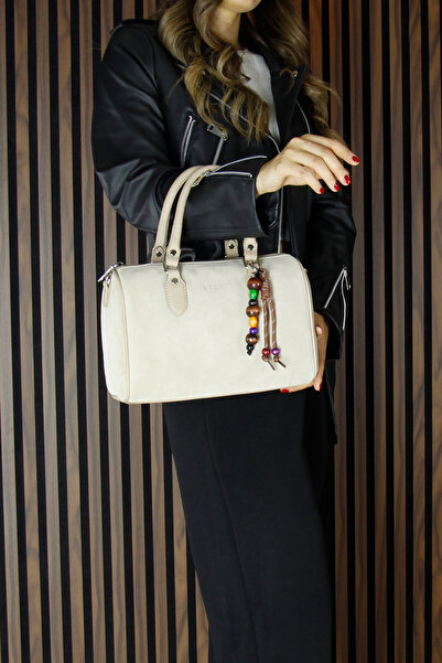 Erkan Saçmacı Beige Genuine Cowhide Suede Daily Large Size Shoulder Bag with Zippered Inner Pocket and Hanging Bead Accessories