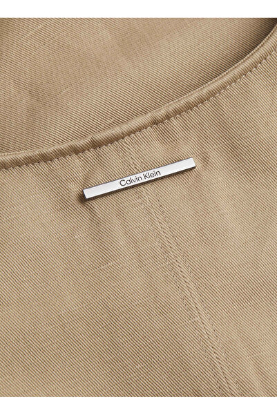 Calvin Klein Bej Kadın Bisiklet Yaka Diz Üstü Bağlamalı Keten Elbise PAMUK LINEN BELTED SHIFT DRESS
